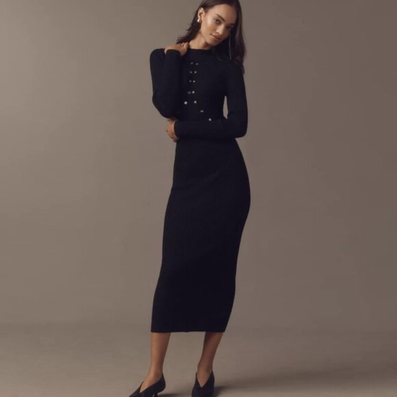 NWT Anthropologie Long-Sleeve Mock Neck Studded Sweater Midi Dress Sz M - Picture 9 of 9